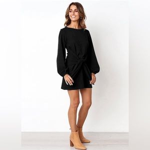 Elegant Long Lantern Sleeve Short Dress Crewneck Tie Waist Knit Cocktail Dress
